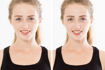 Before-after closeup portrait Beautiful caucasian woman isolated on white background. Anti aging wrinkles concept. Skin care female face. Before after skincare routine