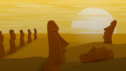 vivid landscape with stone idols of easter island at sunset 
