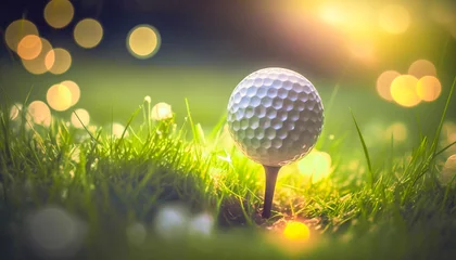 Fotobehang golf ball on tee with grass and beautiful sunlight, generative ai © SMPTY