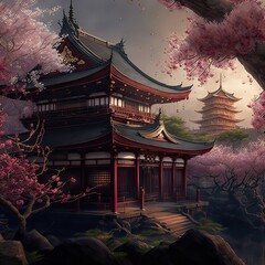 Drawing of japanese temple with cherry blossoms falling, cover art. Generative AI