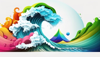 an impressive modern art of waves in different colors, japanese style, generative ai technology
