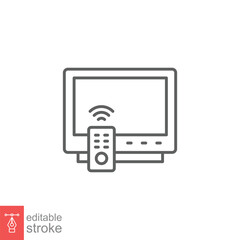 TV and remote icon. Simple outline style for web template and app. Television, control, channel, technology concept. Thin line vector illustration design on white background. Editable stroke EPS 10.