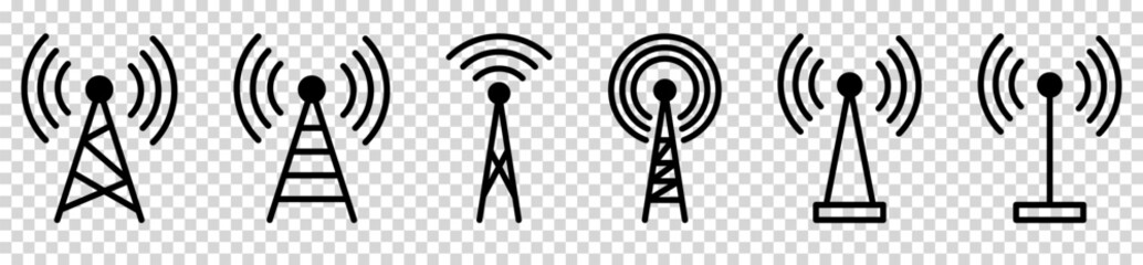 Set of radio tower icon. Internet and mobile connection. Linear style. Vector illustration isolated on transparent background - obrazy, fototapety, plakaty