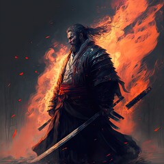 Obraz na płótnie Canvas Samurai legendario con espada de fuego. Generative AI