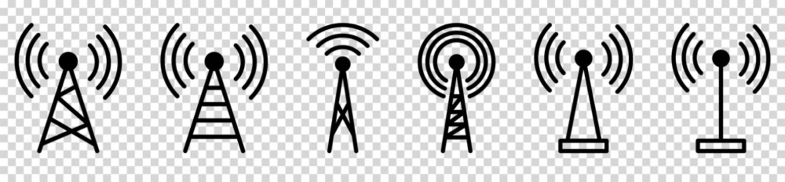 Set of radio tower icon. Internet and mobile connection. Linear style. Vector illustration isolated on transparent background