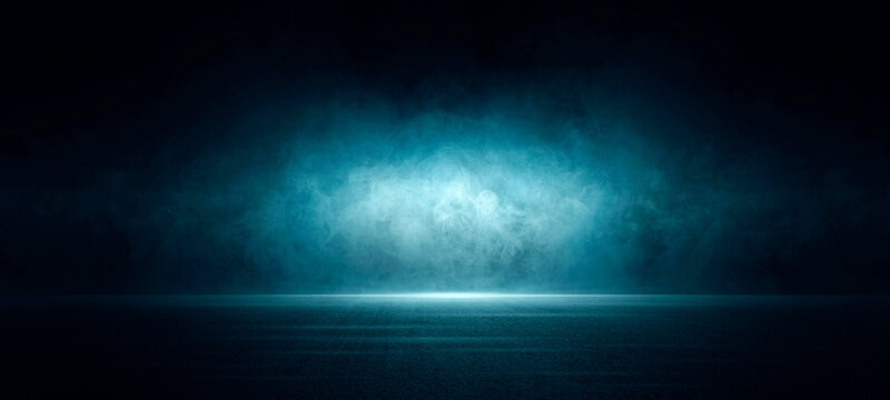 Dark street, asphalt abstract dark blue background, empty dark scene, neon light, spotlights The concrete floor and studio room with smoke float up the interior texture for display products