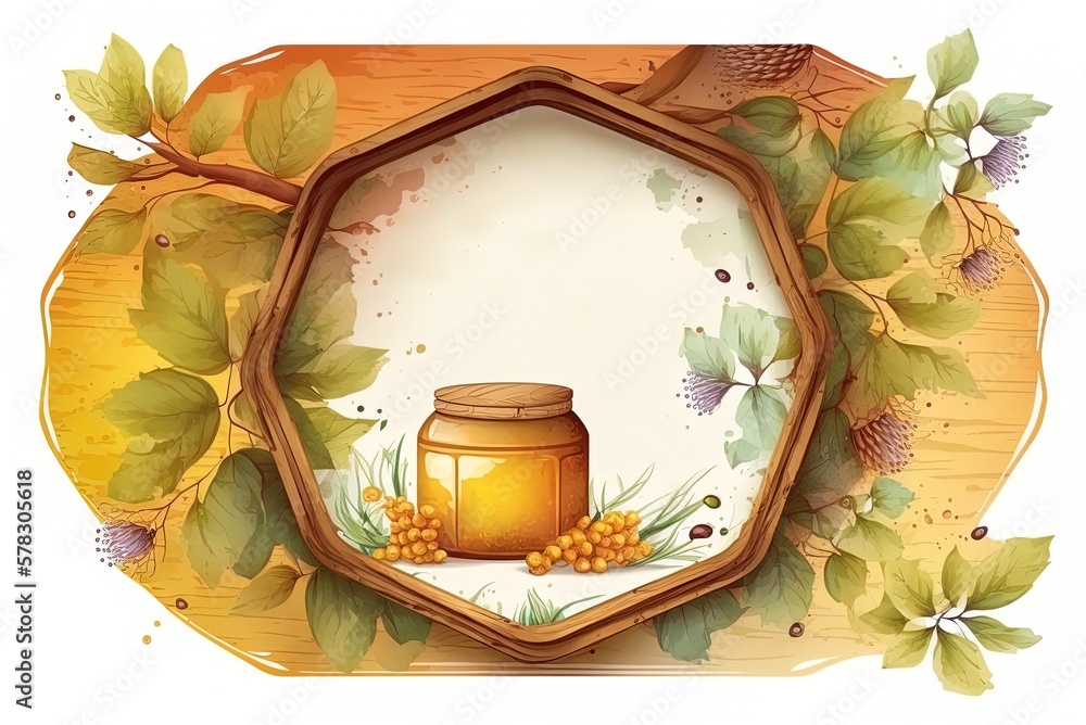 Poster make a tag with a honey theme. using a metaphorical wooden barrel generative ai