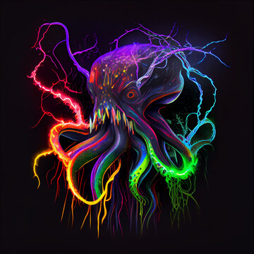 Multicolored octopus monster on black background. AI generative.