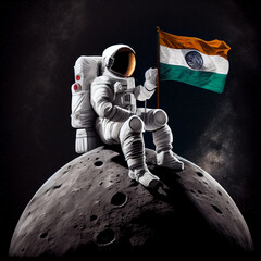 Indian astronaut sitting on surface of moon. AI generative.