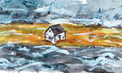 Hand drawn house in the storm.