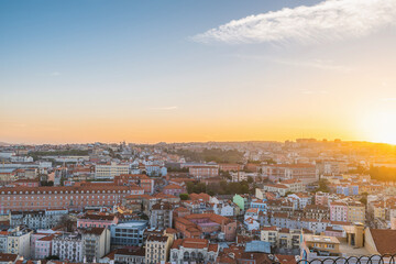 Lisbon, Portugal. Beautiful sunset aerial view of old town of Lisboa city