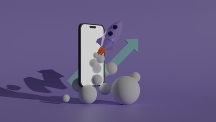 Rocket launch from smartphone and arrow. Business and money-boosting concept 3d illustration