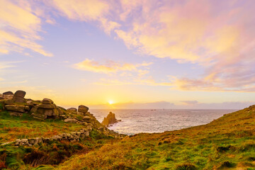 Lands End coastline landscape, with the Longships Lighthouse, Cornwall