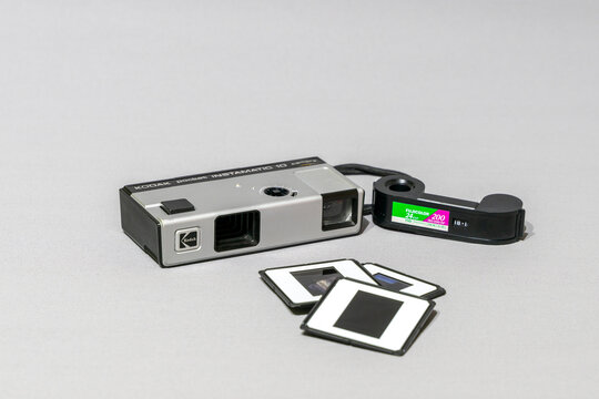 March 2023, Zaragoza, Spain; The Kodak Pocket Instamatic 10 was a compact camera manufactured by Kodak in the early 1970s.