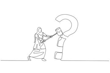 Illustration of muslim woman with hammer hit question mark sign. Concept of problem solving. Continuous line art