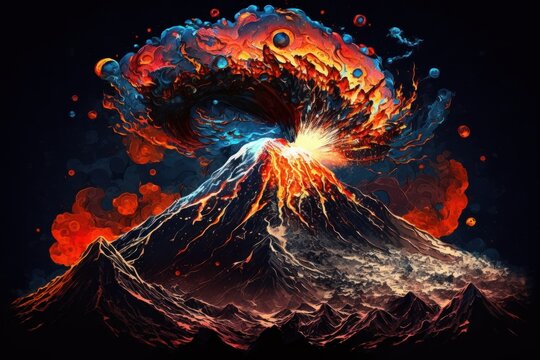 Eruption, mountain at night. Abstract picture in the style of post-impressionism. Generative AI