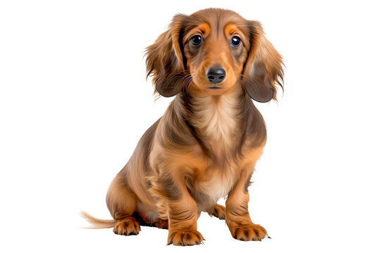 A handsome brown Dachshund, isolated and regal in a seated pose. Close-up, front view. Generative AI