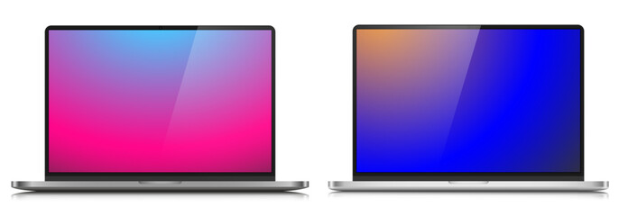 A set of laptop layouts in a metal case. Models of modern laptops with color screens on a white background. Vector illustration.