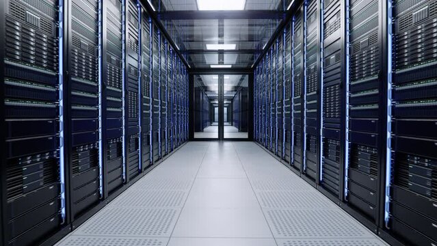 Cloud Computing Concept. Establishing Shot of Working Data Center. Corridor of Server Racks with Blinking Lights