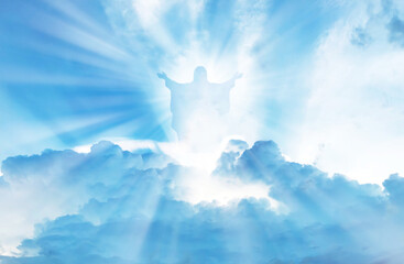 Jesus Christ In The Clouds Of Heaven blue sky background,good friday concept