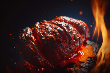 Roasting beef on hot coals. Meat with spices and sauce. Baked meat. Juicy meat and delicious sauce. Delicious dish. Artistic blur. Advertising background. Generative AI technology.