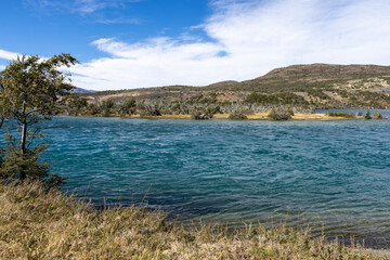 Serrano River with crystal clear blue water at Torres del Paine National Park in Chile, Patagonia,...