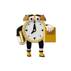 Fototapeta premium 3d alarm clock character mascot design holding two books, isolated white background