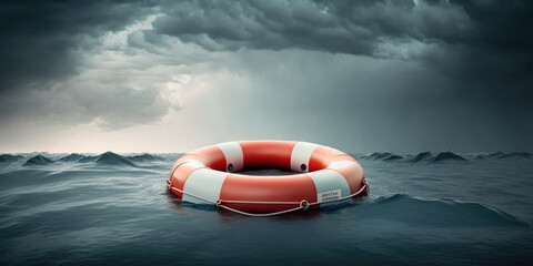 lifebuoy on stormy water. generative ai - obrazy, fototapety, plakaty