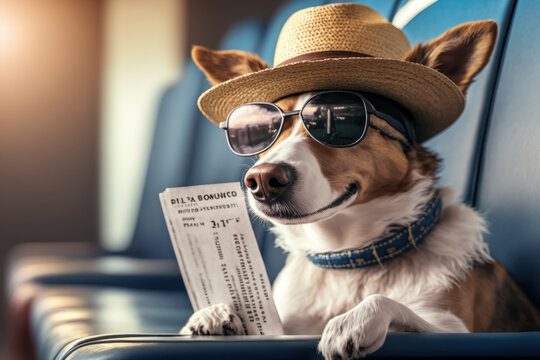 dog with sunglasses and  chek in boarding pass in airline terminal. summer and vacation. generative ai