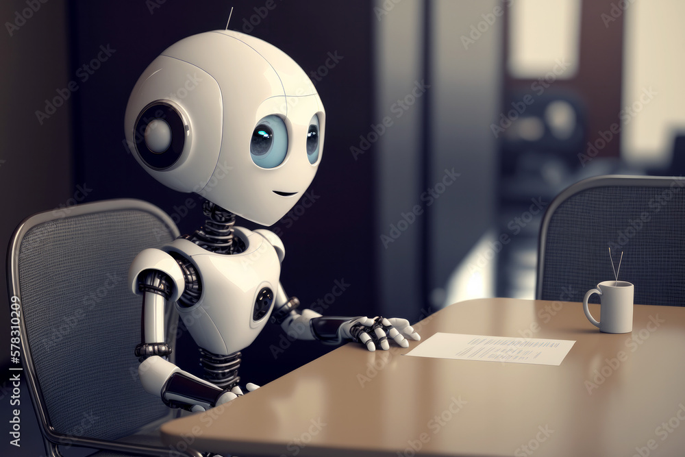 Poster a friendly robot working in a modern office at a desk. ai artificial intelligence technology at work