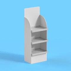 White POS POI Cardboard Floor Display Rack For Supermarket Blank Empty Displays With Shelves Products On Blue Background Isolated. 3d Rendering