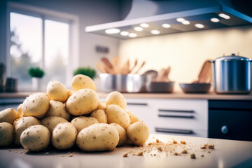 Fototapeta favorite potato dishes with this fresh batch of raw potatoes. Roasting, mashing, or frying them, these potatoes are sure to add a delicious and satisfying element to any meal. AI generative obraz