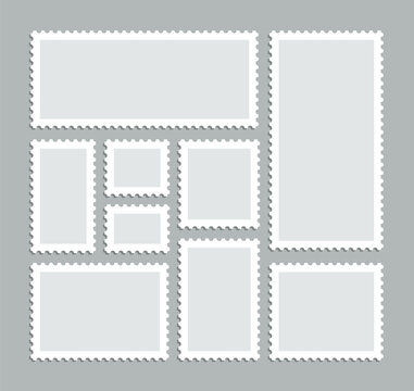 Postage stamps. Post frames set. Empty postal stickers. Rectangular perforated labels. Collection blank borders for mail letter. White paper postmarks isolated on gray background. Vector illustration.