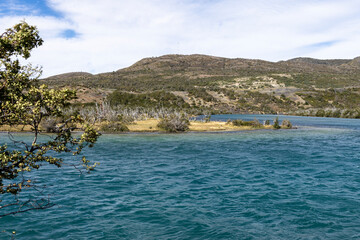 Fototapeta na wymiar Serrano River with crystal clear blue water at Torres del Paine National Park in Chile, Patagonia, South America