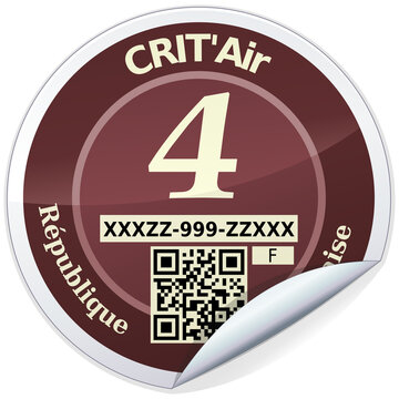 Rounded sticker of a category 4 brown crit'air label, classification of fine particle emissions from vehicles in France (isolated)
