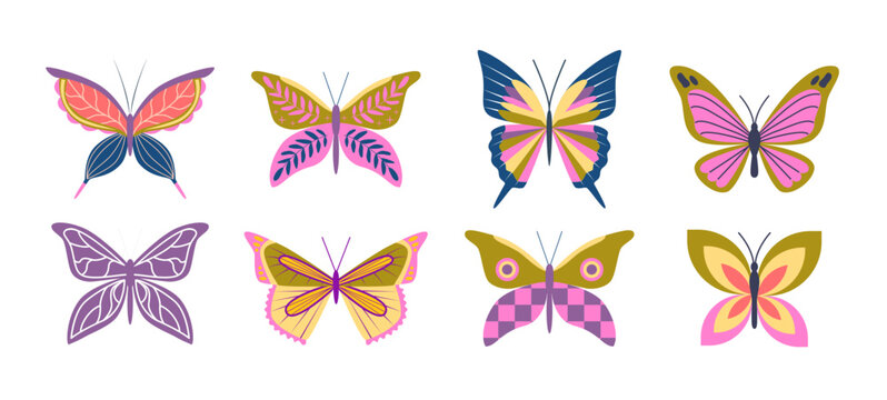 Set of retro groovy butterflies. 70s Hippie psychedelic concept. Stickers, prints, T-shirt design.