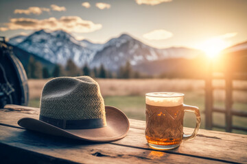 mug filled with a cold golden beer, topped off with white foam and tyrol traditional country hat. AI generative
