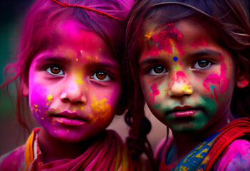 Beautiful cute indian kids covered in color pigment during Holi festival - Ai generative