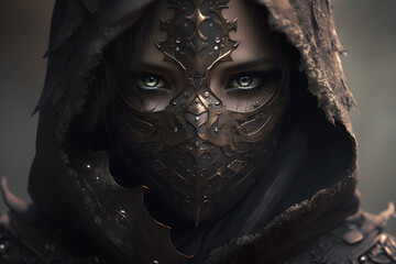 Fantasy woman warrior assassin portrait. Neural network AI generated art