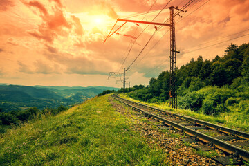 Obraz premium View of the railway in the mountains in autumn. Beautiful cloudy sky over the mountains