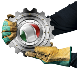 Manual worker with work gloves holding a metallic cogwheel with the national flag of Italy, (Italian flag), isolated on white or transparent background. Png.