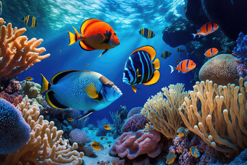 Obraz na płótnie Canvas Animals of the underwater sea world. Ecosystem. Colorful tropical fish. Life in the coral reef. (ai generated)