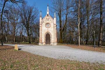 View of a lovely chapel of St. Joseph in the Neo-Gothic style, Novi Dvori complex in Zapresic,...