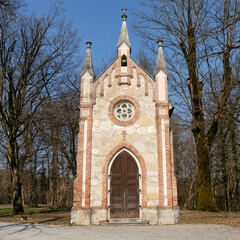 Front view of a lovely chapel of St. Joseph in the Neo-Gothic style, Novi Dvori complex in...