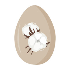 Easter egg decorated with dried white fluffy cotton flower. Isolated vector illustration for poster, card or banner, Easter design element.