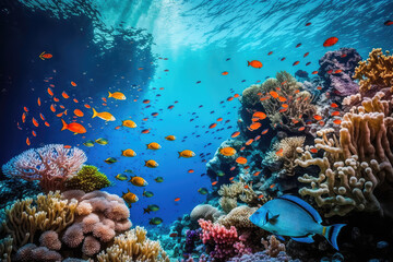 Fototapeta na wymiar Fishs and Animals of the underwater sea world. Ecosystem. Colorful tropical fish. Life in the coral reef. (ai generated)
