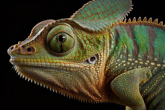 Photograph of Janet Jackson's chameleonic head, isolated on black woman with a jackson-head-shaped chameleon Generative AI
