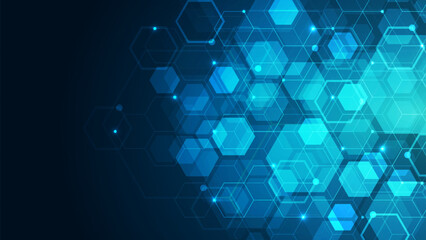 Obraz na płótnie Canvas Hexagons pattern on blue background. Genetic research, molecular structure. Chemical engineering. Concept of innovation technology. Used for design healthcare, science and medicine background