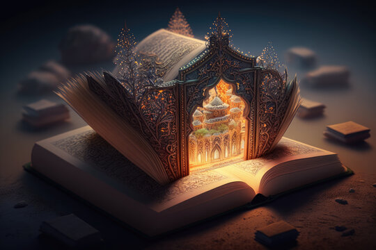 Open book. Book of fairy tales. Oriental fairy tales, stories, parables and legends of the East. Sacred texts, Koran, mosque. Reading and imagination. Wisdom and knowledge. Generative ai illustration