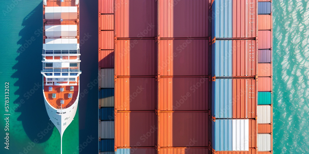 Poster small cargo ship next to a large cargo ship with a large number of containers in the open sea. view 